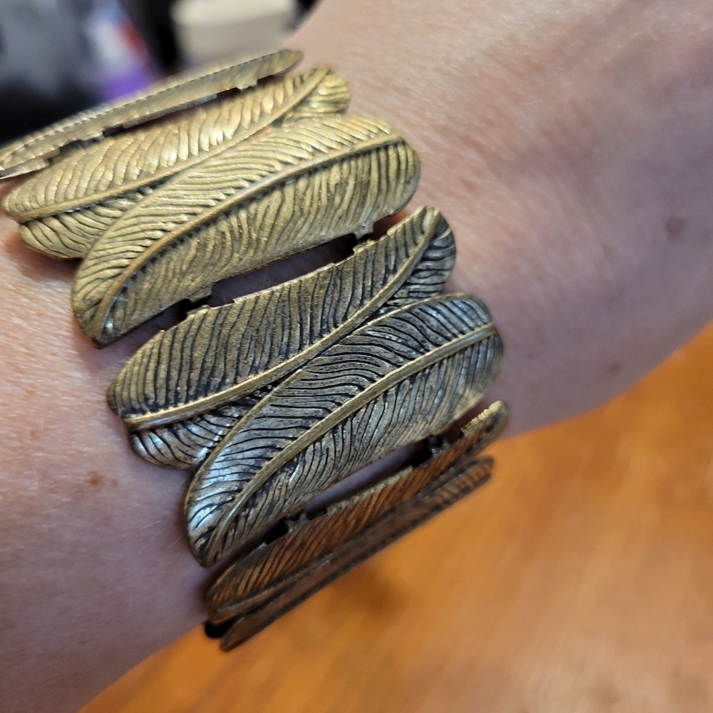 Brass Leaves / Feathers  Elastic Stretch Slip On Cuff Bracelet Unique